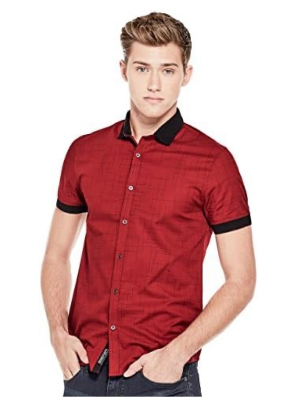 G by Guess Men's Short-Sleeve Red Button-Up Shirt with Contrast Collar medium